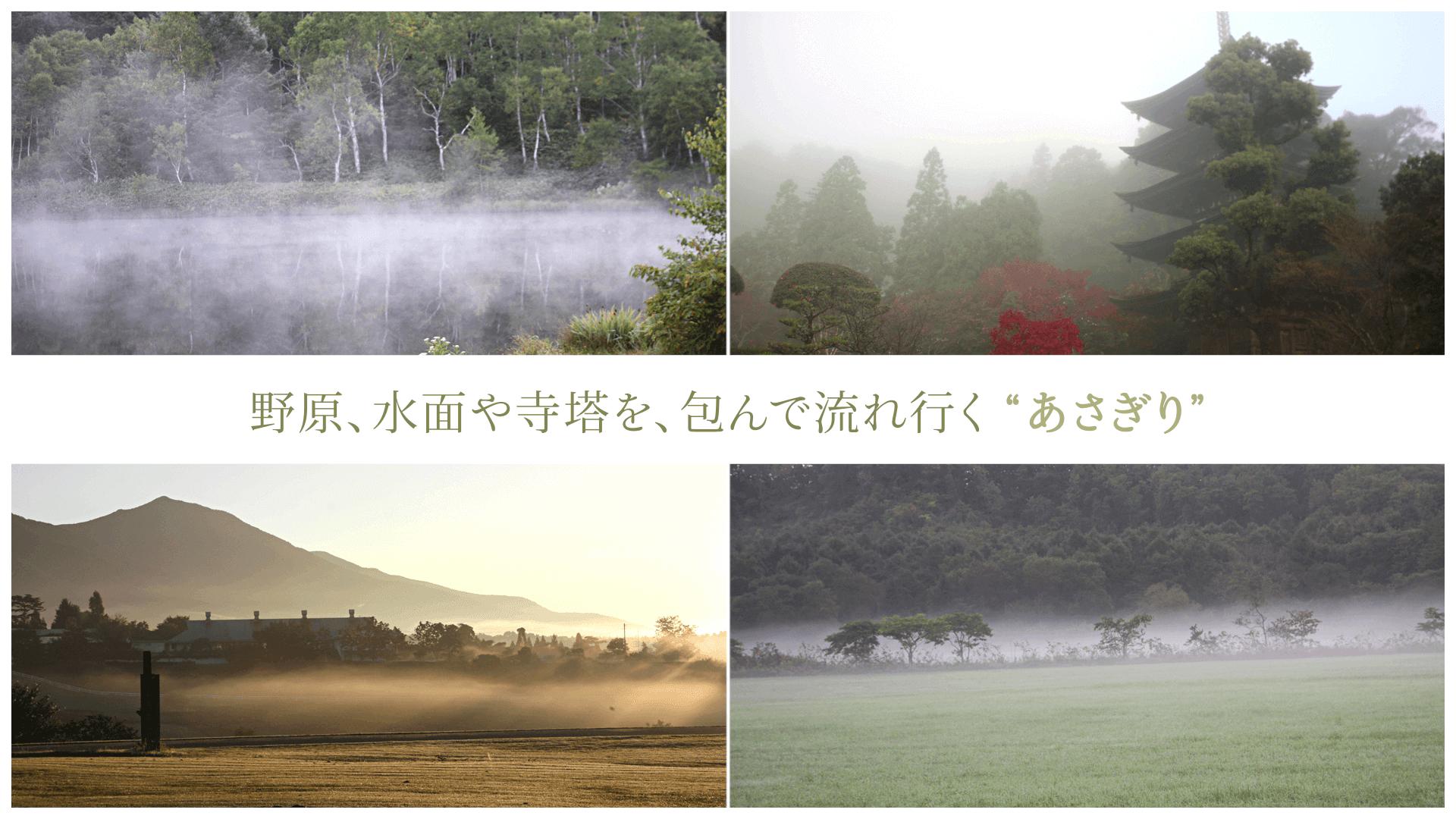 野原、水面や寺塔を、包んで流れ行く“あさぎり”