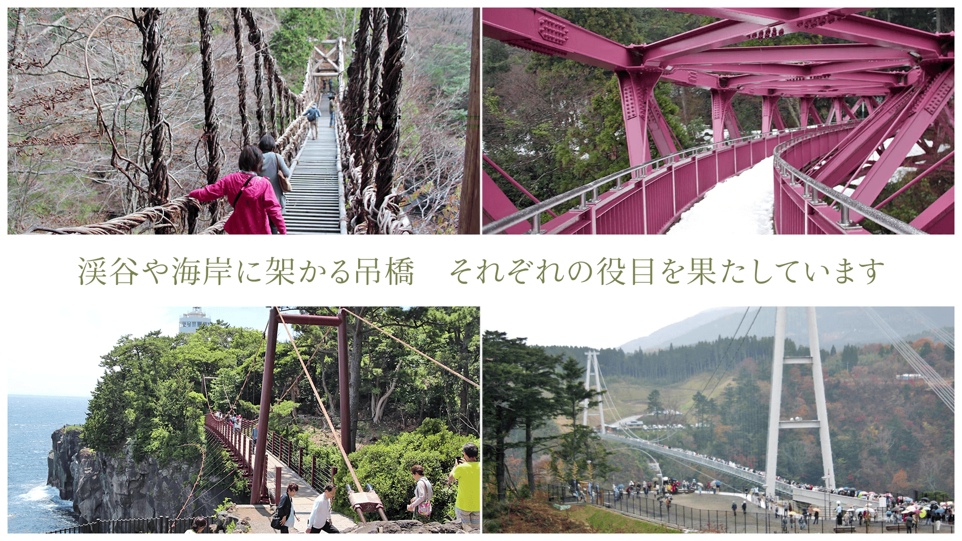 渓谷や海岸に架かる吊橋 それぞれの役目を果たしています